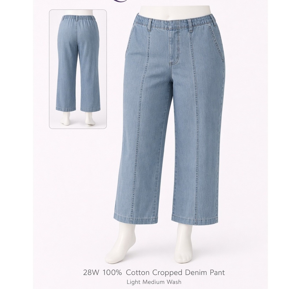 Roamans Womens 28W‎ Light Medium Wash Cotton Cropped Denim Pant Elastic Waist
